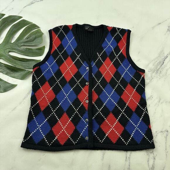 Limited Womens Vintage Y2k Sweater Vest Size L Black Red Argyle Plaid Wool Blend - Picture 1 of 9